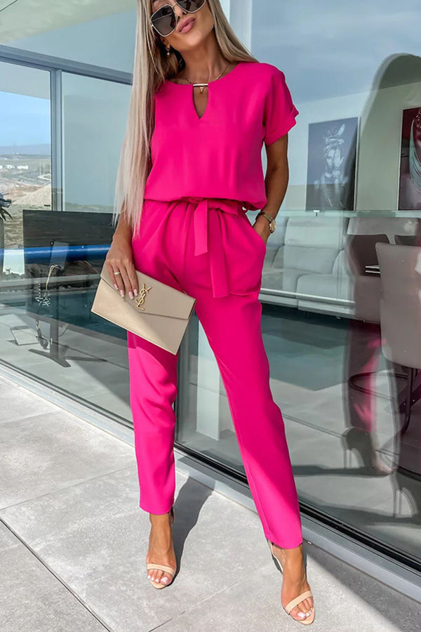 Metal Cutout Neck Belted Pocketed