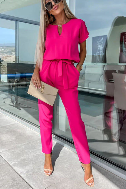 Metal Cutout Neck Belted Pocketed