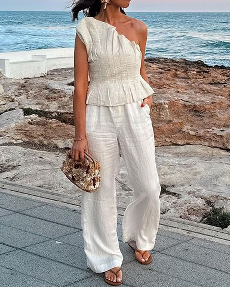 Fashionable Solid Color Pleated Top & Pants Two-piece Set