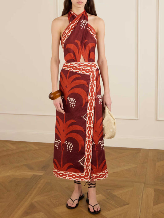 Retro Paulownia Palm Print Maxi Dress