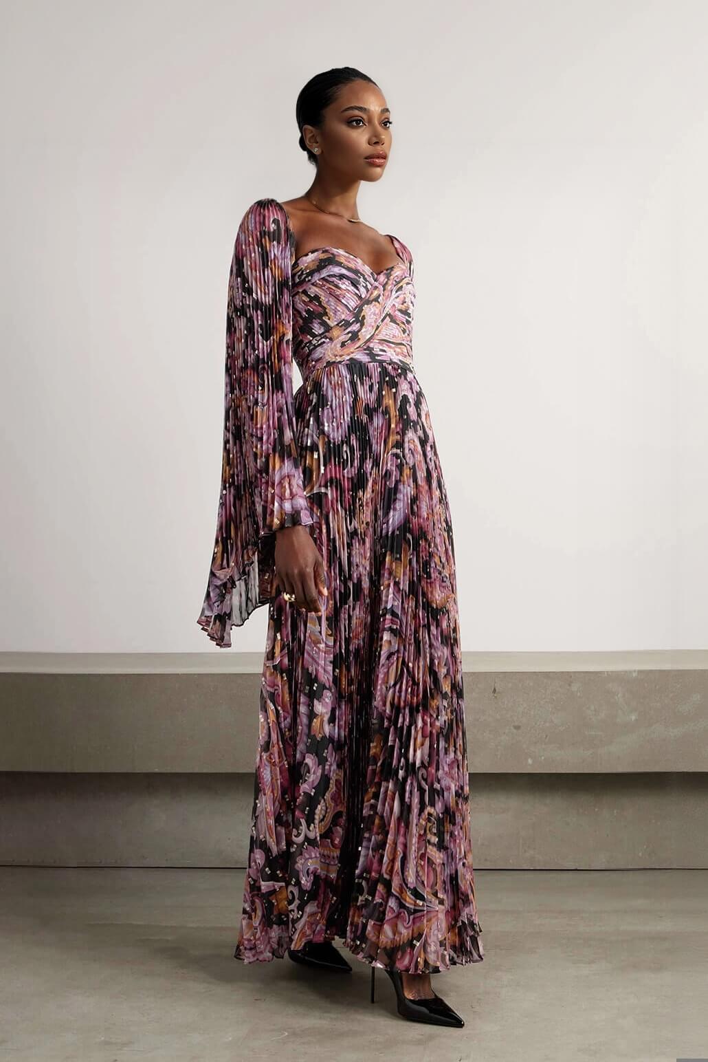 Exquisite Printed Metallic Pleated Chiffon Trumpet Sleeve Maxi Dress