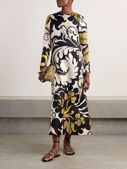 Unique Satin Swing Print Twill Midi Dress