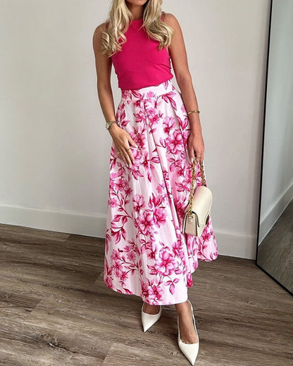 Elegant Tank Top & Printed Skirt Two-Piece Set