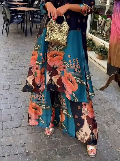 Elegant Satin Floral Print Wide-leg Pants