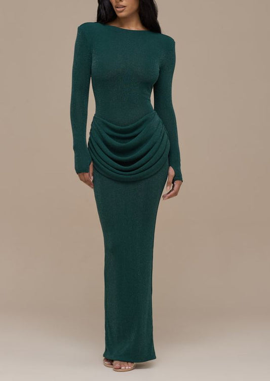 Elegant Pleated Long-sleeved Slim-fit Maxi Dress