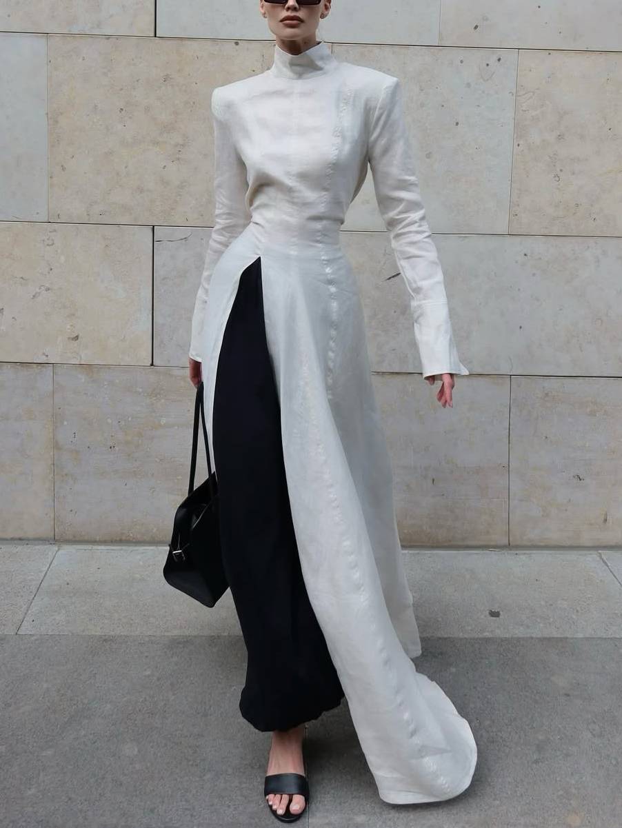 Long Sleeve Slit Shirt Dress And Wide Leg Pants Suit-Shirt Dress