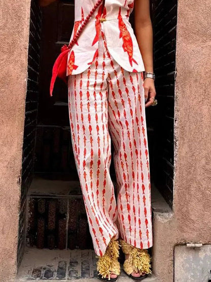 Unique Lucky Fish Print Elastic Waist Wide-leg Pants