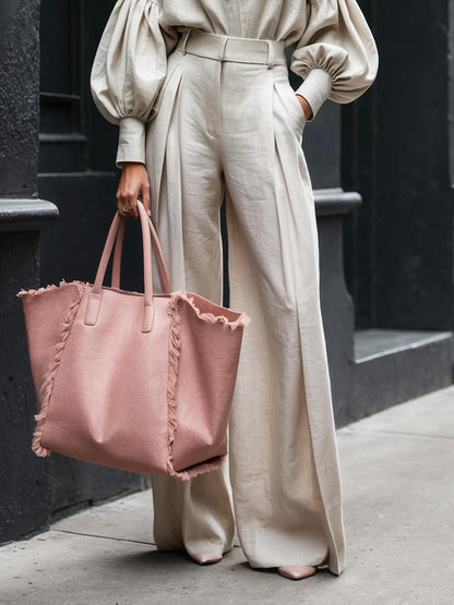 Fashionable Casual Solid Color Unique Pleated Pocket High Waist Wide Leg Pants