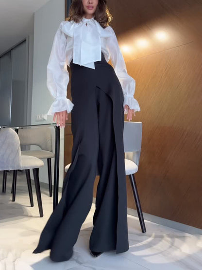 Elegant Tie-waist Sheer Shirt And Pants Two-piece Set