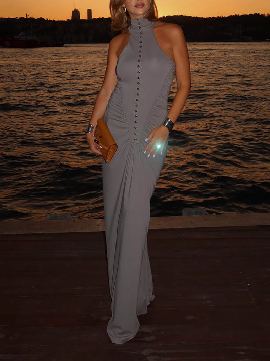 Elegant Multi-button Draped Fitted Maxi Dress