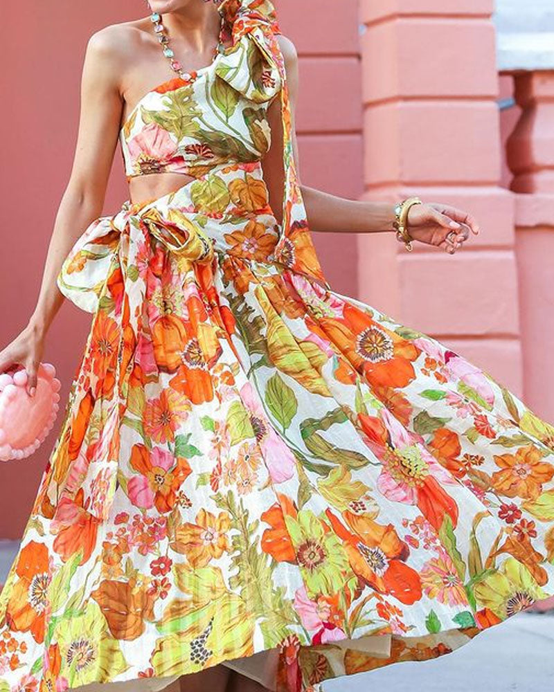 Elegant One-shoulder Lace-up Print Dress