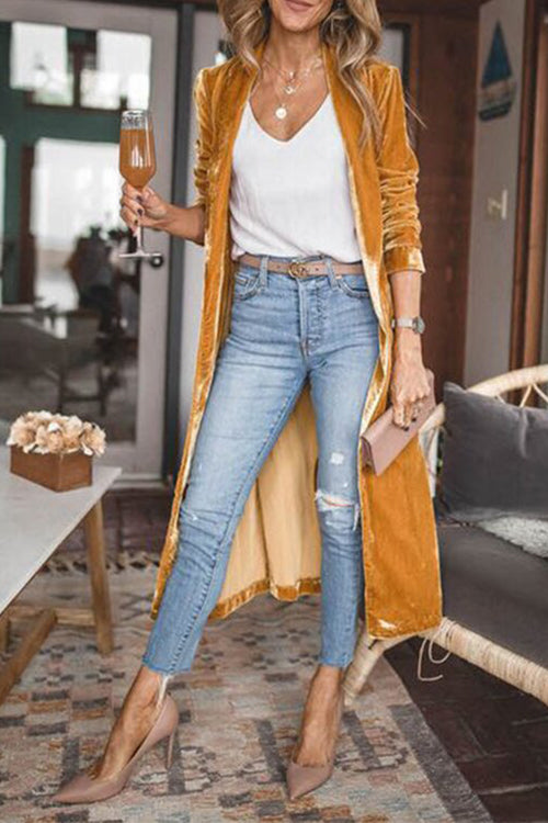 Stylish Open Front Long Sleeve Velvet Long Coat