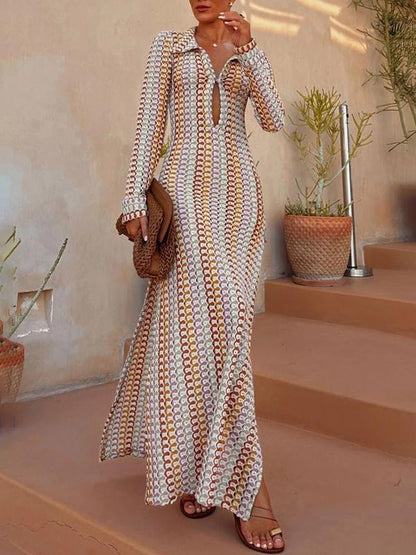 Casual Shirt Collar Slit Wave Stripe Crochet Holiday Maxi Dress