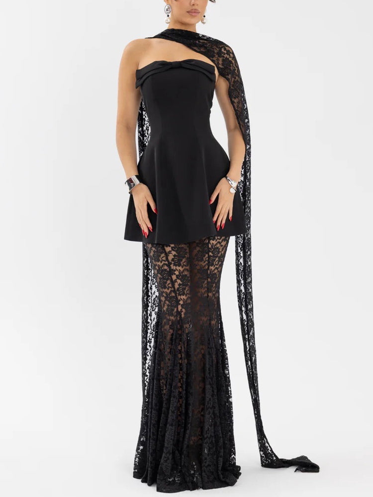 Elegant Strapless Mini Dress And Lace Maxi Skirt Set