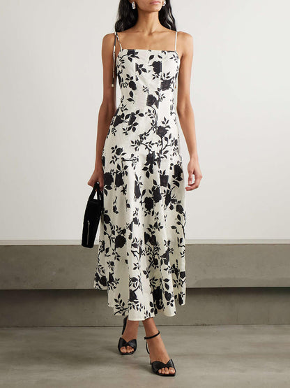 Elegant Floral-Print Linen And Cotton-Blend Midi Dress