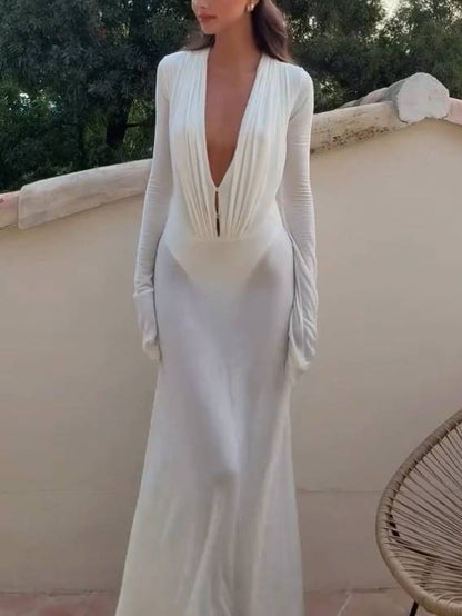 Deep V-neck Semi-transparent Long Sleeve Maxi Dress
