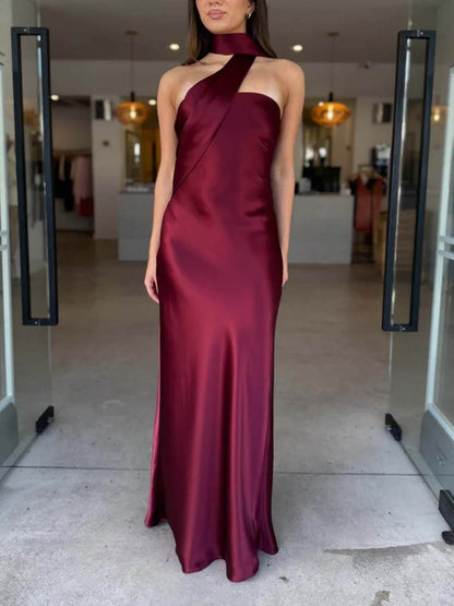 Elegant Satin Tie-Detail Party Maxi Dress