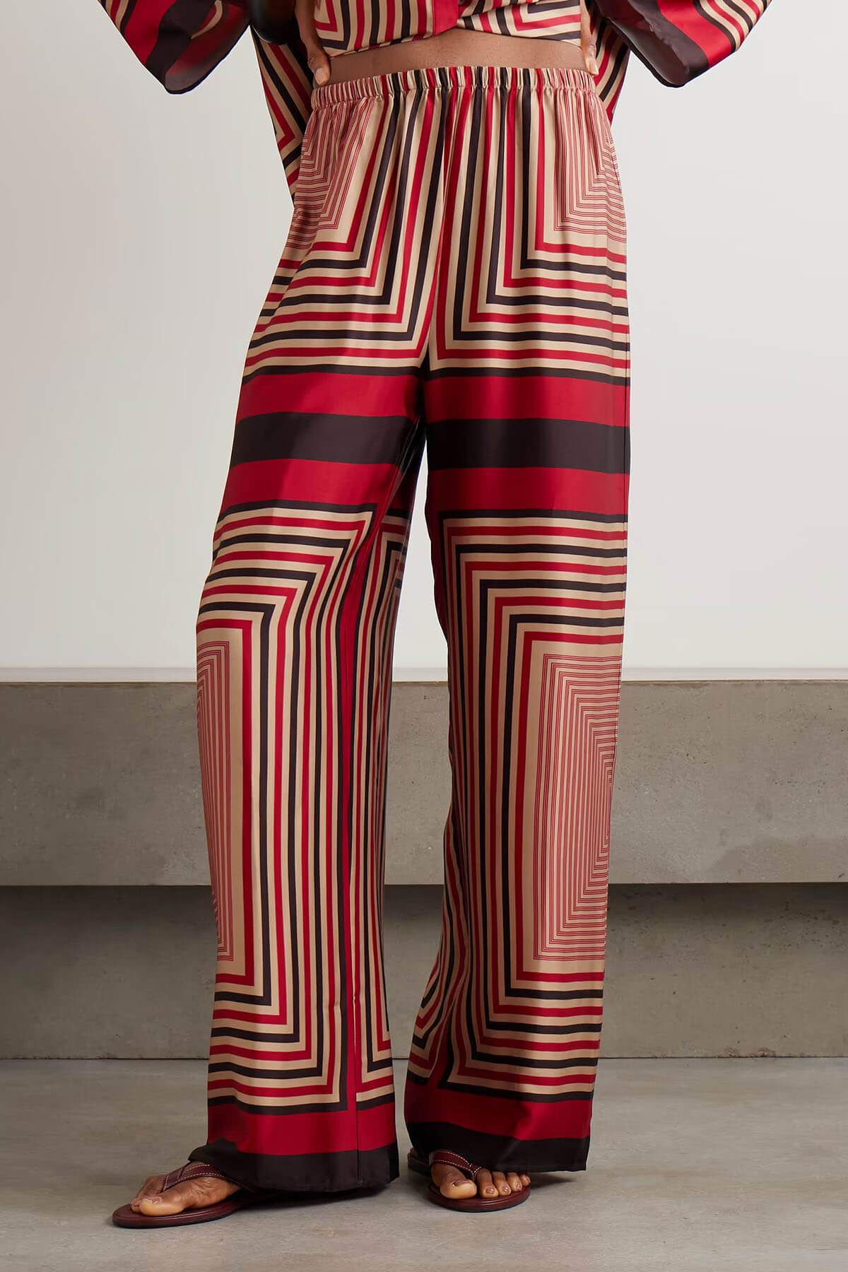 Unique Striped Print Satin Elastic-Waist Wide-Leg Pants