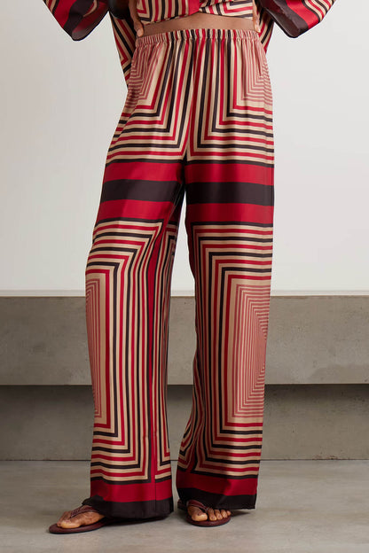 Unique Striped Print Satin Elastic-Waist Wide-Leg Pants