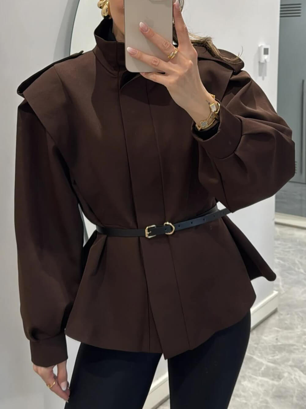 Modern Bold Stand Collar Button-Up Lantern Sleeve Loose Jacket