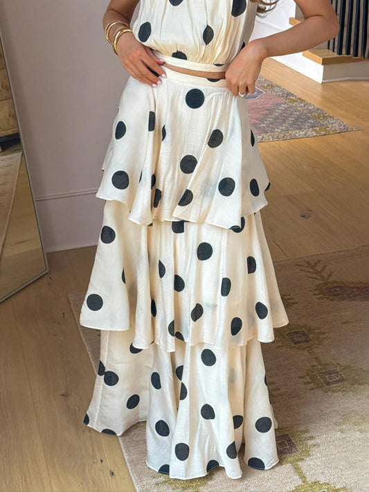 Exquisite Gift To You Polka Dot Print High Rise Layered Hem Maxi Skirt