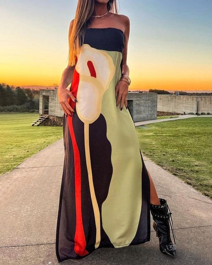 Fashion Art Print Strapless Split Dress