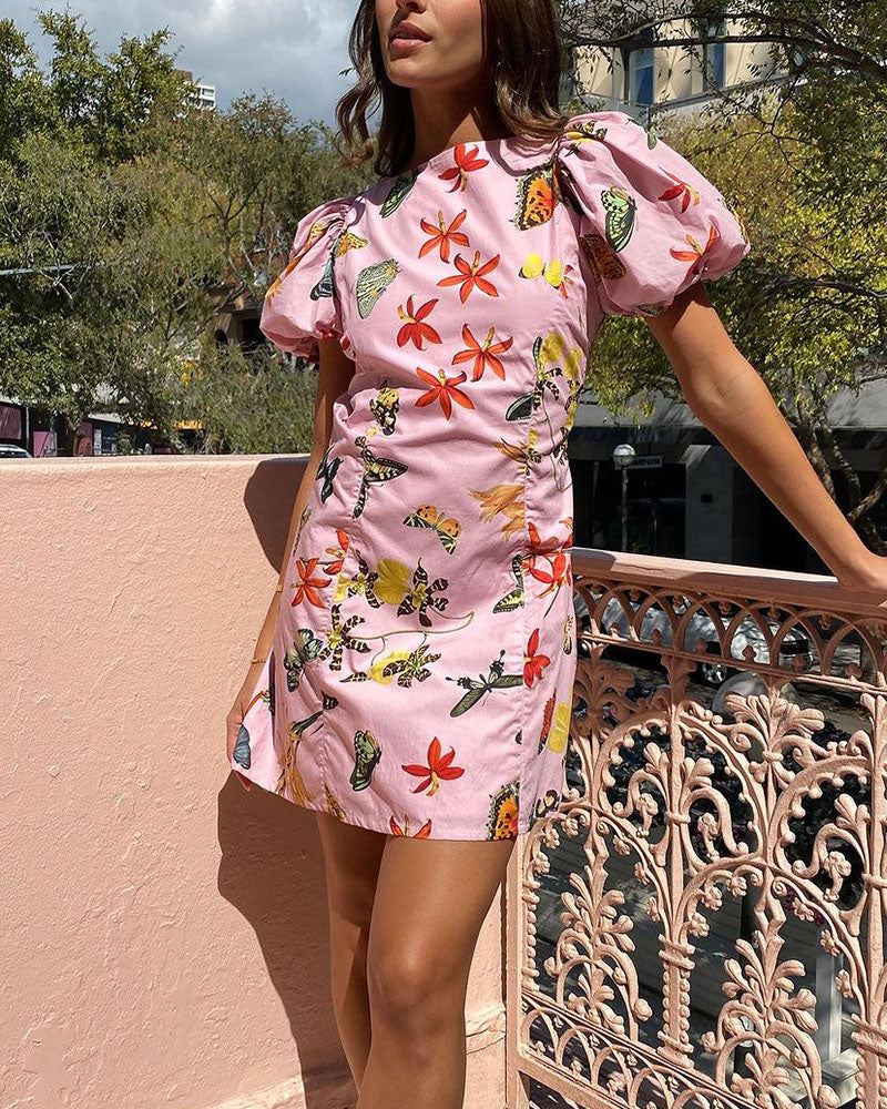 Puff sleeves butterfly print backless dress