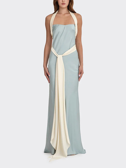 Elegant Satin Contrast Halter Neck Party Maxi Dress