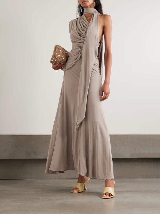 Exquisite One-Shoulder Ruched Draped Maxi Dress