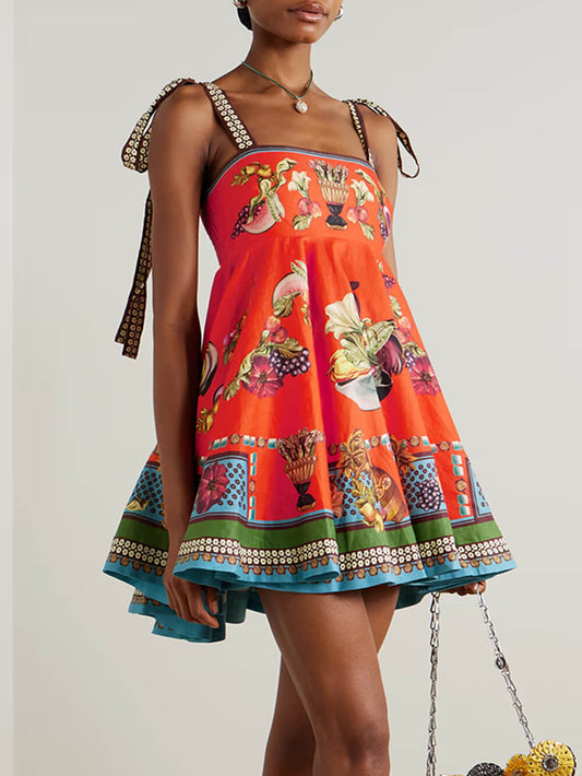 Retro Print Linen Mini Dress