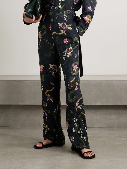 Elegant Floral Print Satin Straight-Leg Pants
