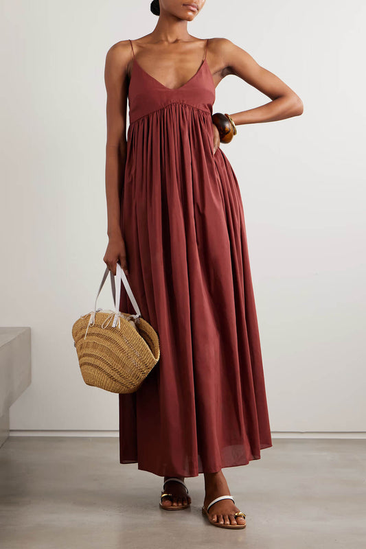 Fashion V-Neck Ruched Backless Pocket Maxi Dress