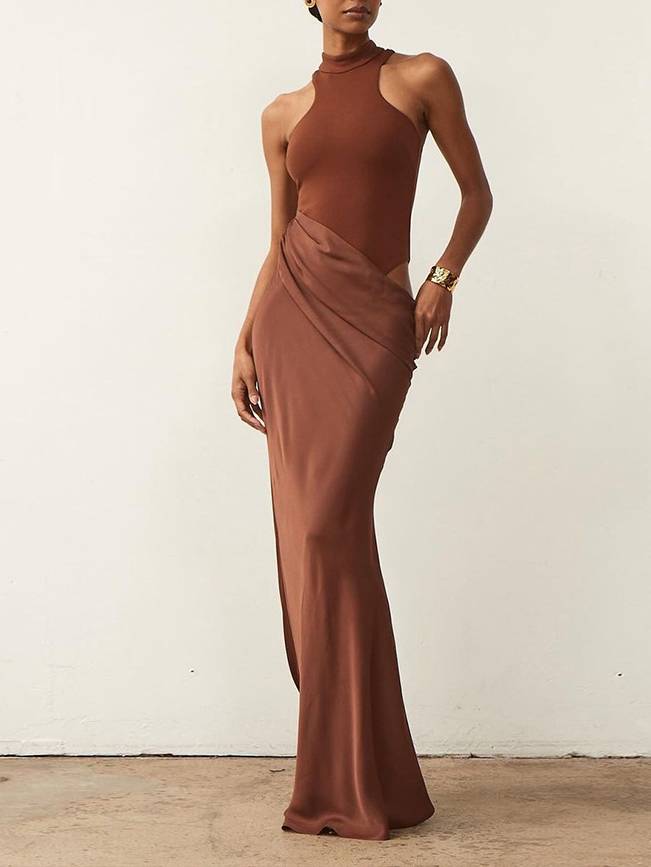 Slim-fit Stitching Hollow-out Maxi Dress