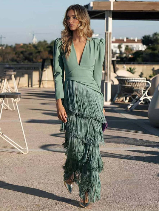 Elegant Tassel V-Neck Long Sleeve Maxi Dress