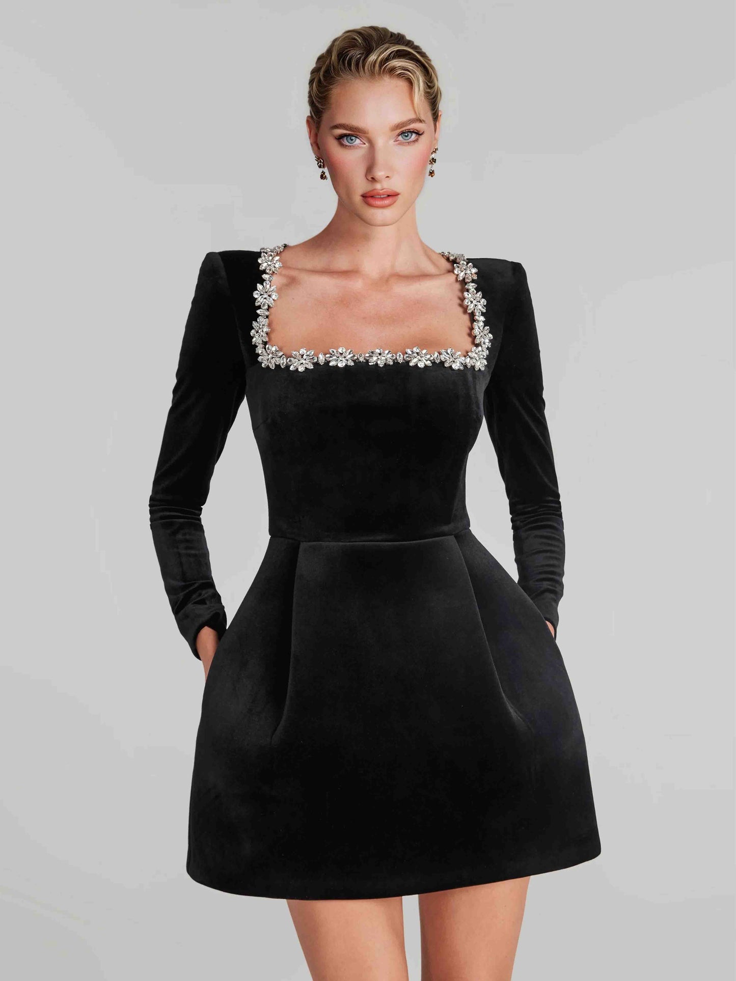 Elegant Square Neck Crystal Embellished Mini Dress