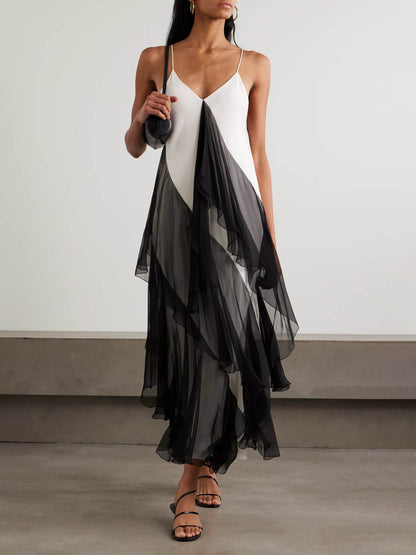 Asymmetrical Ruffled Two-tone Maxi Dress