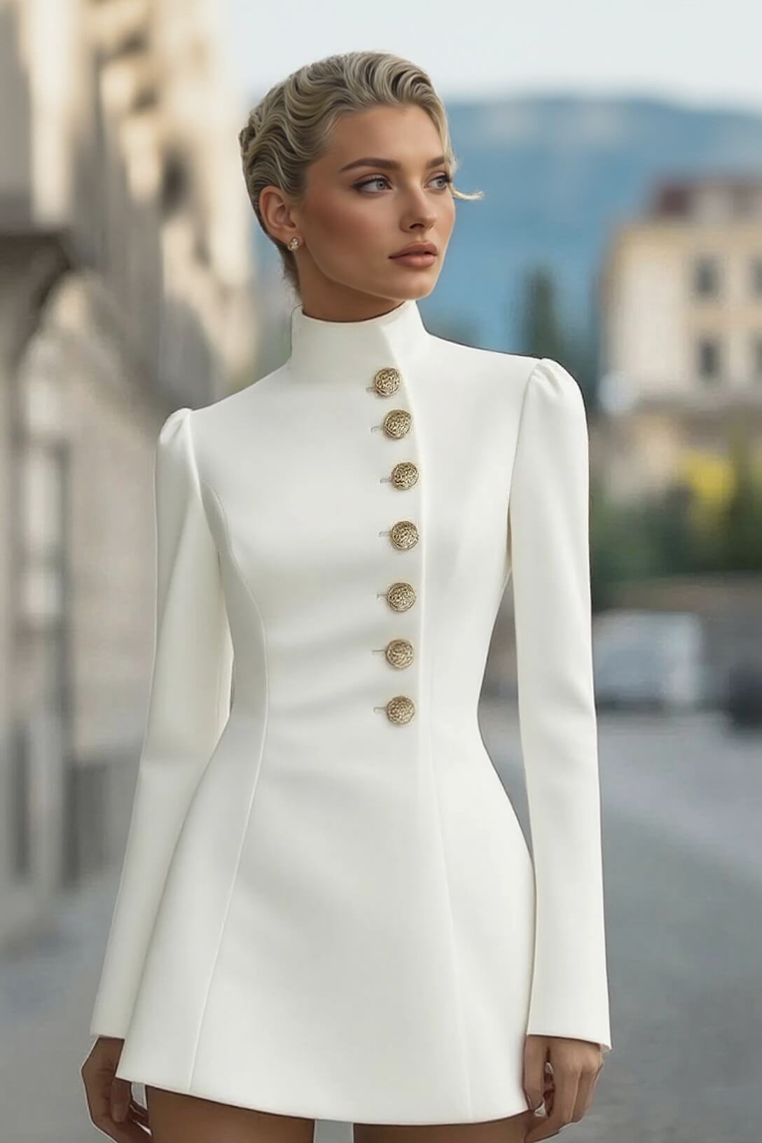 Elegant Retro High-Neck Metal Button Party Mini Dress