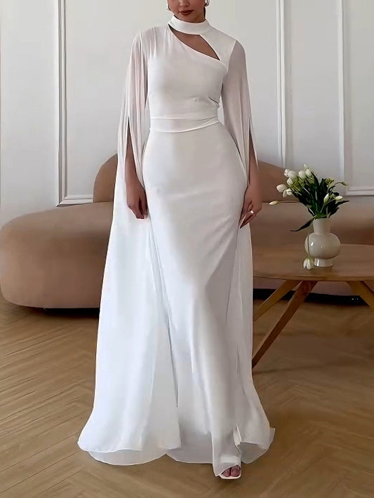 Elegant Small Stand Collar Chiffon Sleeves Maxi Dress