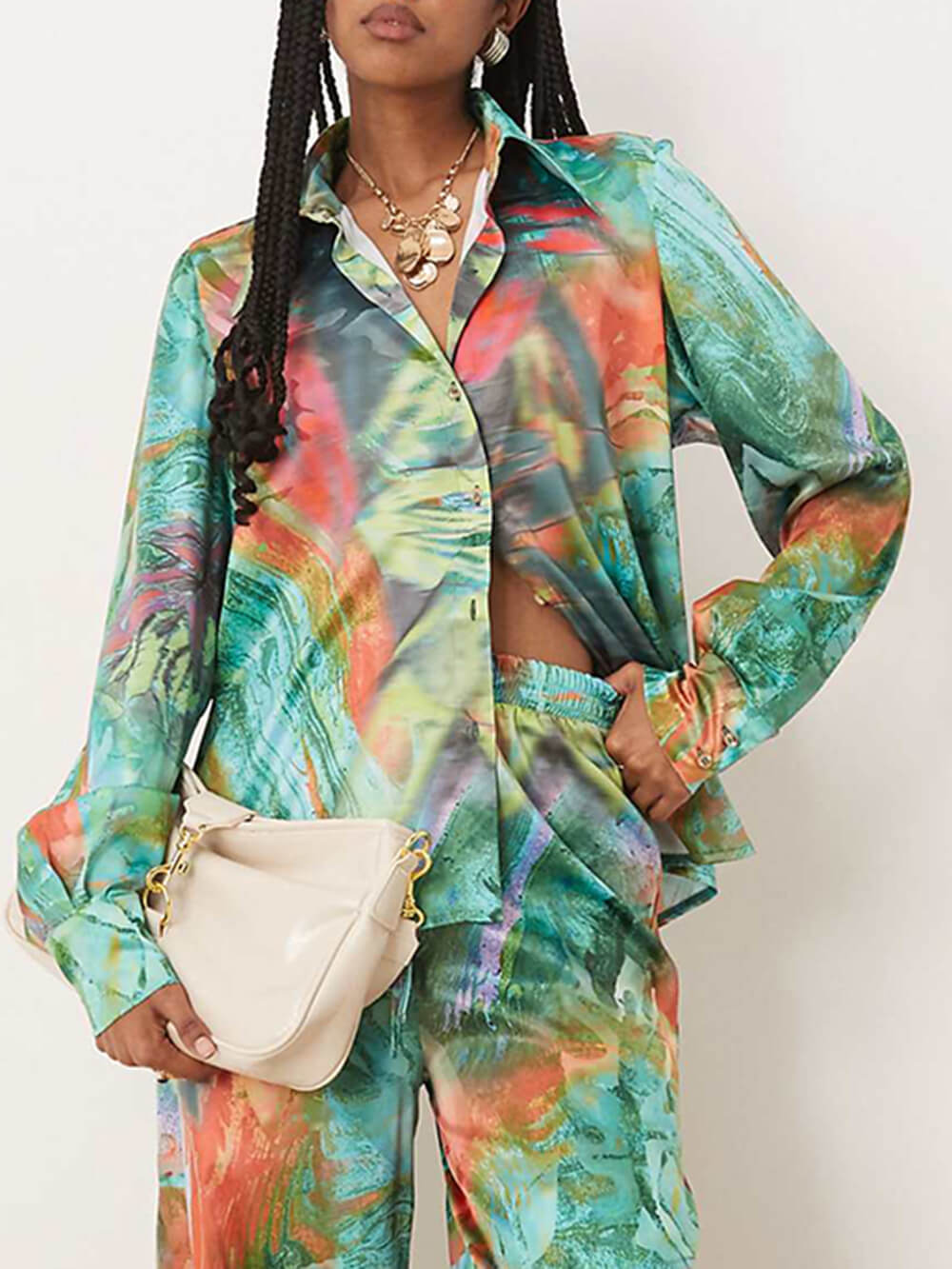 Unique Artistry in Motion Satin Oil Painting Print Button-Up Shirt