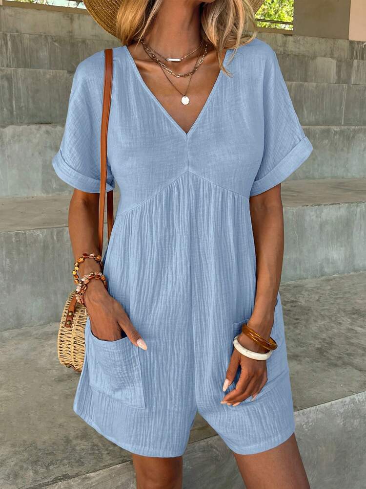 Fashion Solid Color V-neck Loose Bat Sleeve Zipper Short Sleeve Jumpsuit
