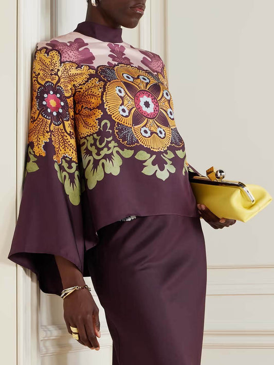 Retro Ethnic Print Satin Twill Shirt