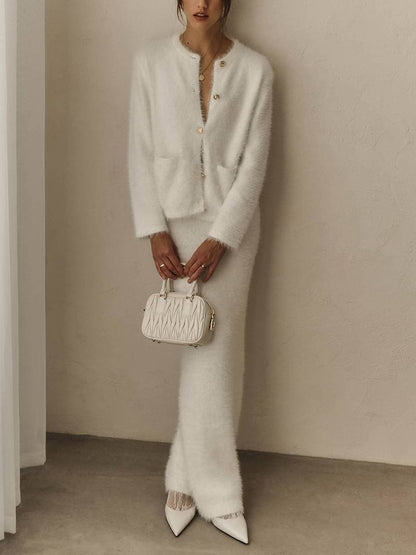 Elegant Knitted Cardigan And Skirt Suit