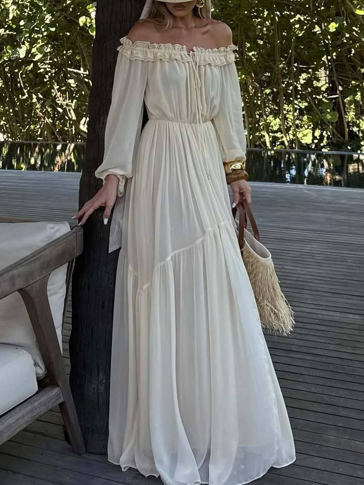 Vacation Style Off-shoulder Lace-up Long Sleeve Maxi Dress