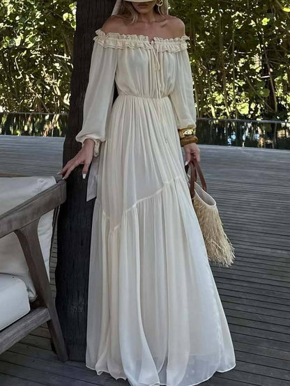 Vacation Style Off-shoulder Lace-up Long Sleeve Maxi Dress