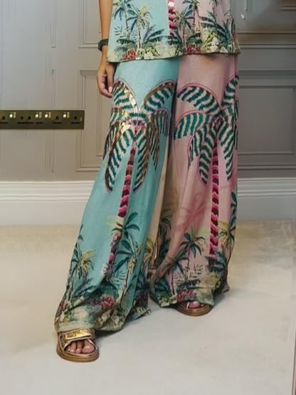 Unique Palm Tree Print Elastic Waist Loose Wide-Leg Pants