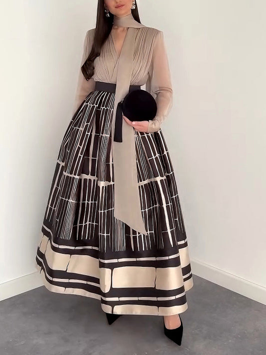 Elegant Satin Printed A-line Skirt Two-piece Set