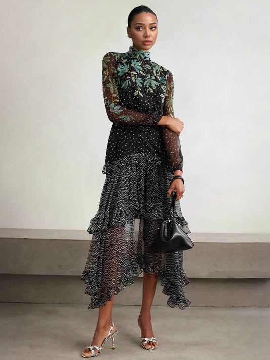 Exquisite Polka Dot Floral Print Ruffled Midi Dress