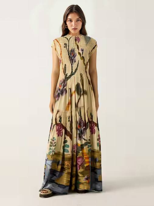 Pleated Print Maxi Dress