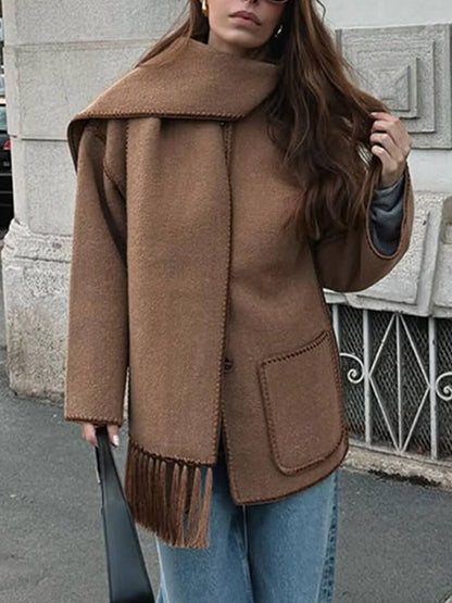 Fashion Solid Color Scarf-Neck Wool Short Coat