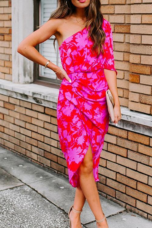 Casual One Shoulder Printed Tulip Hem Dress